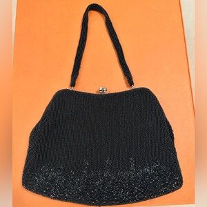 Vintage Japanese Richere Beaded Black Purse with  Rhinestone Accent at Closure